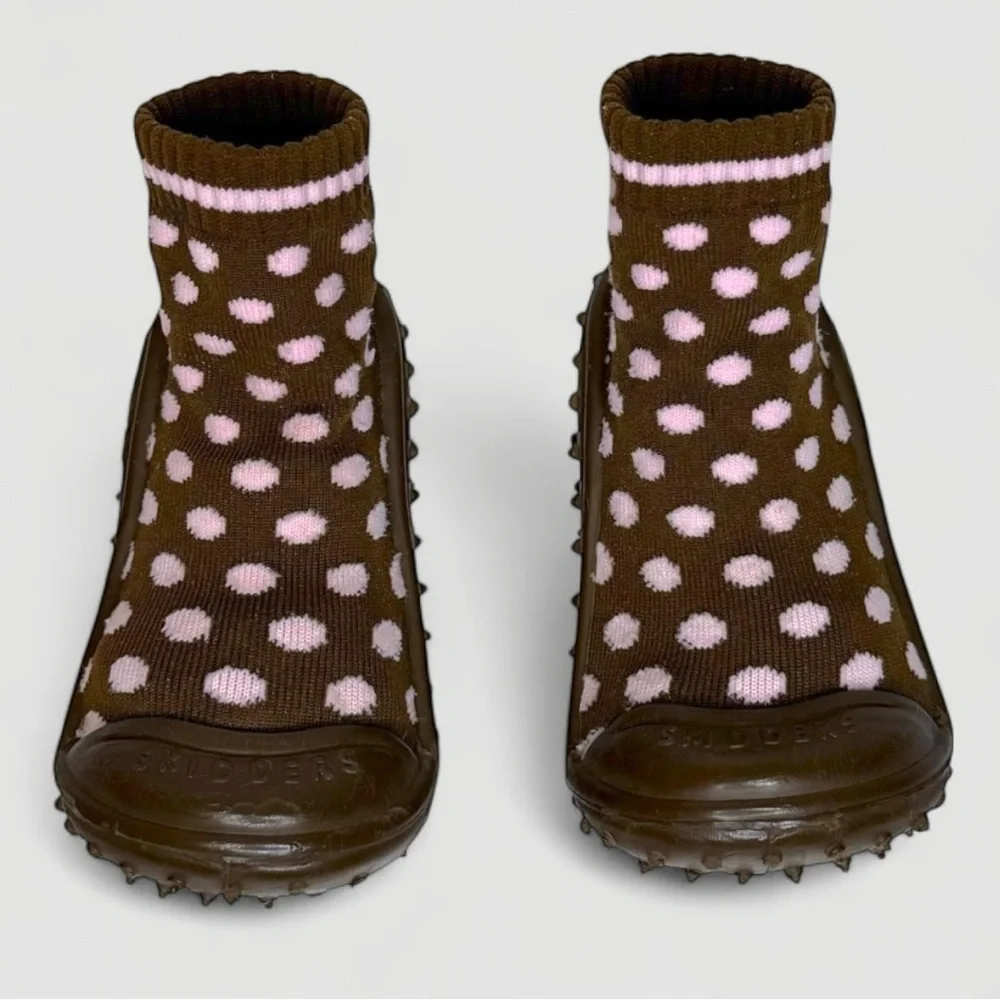 Skidders Brown Baby Shoes with Pink Polka Dots Size 8 / 24M Walker - Picture 3 of 9